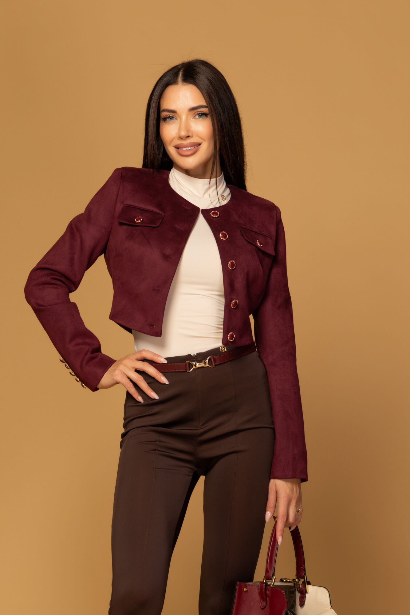 Charming style Short Velour Blazer - Burgundy - Image 18