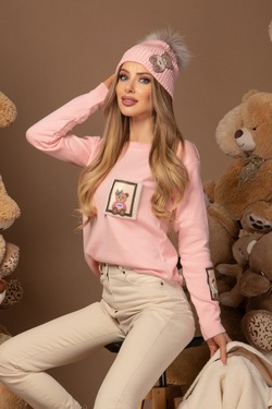 Alessa Bear Knitted Hat With Natural Fur - Pink