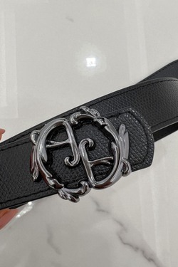 Rococo Logo Narrow Black Belt - Dark Nickel Buckle