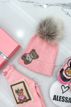 Alessa Bear Mini Knitted Hat With Natural Fur - Pink