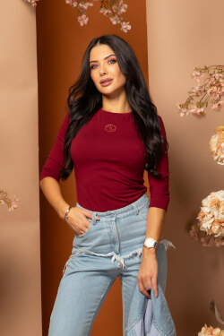 Flawless Flow Blouse With 3/4 Sleeve - Burgundy